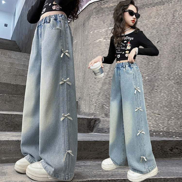 Jeans Spring Side Bow Pull-up Medium Children's Pants