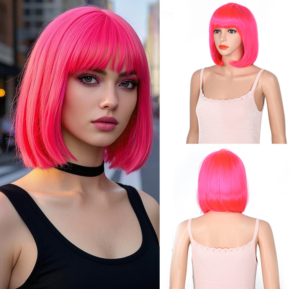 Women's Fashion Long Black Head Cover With Wig Short Straight Hair