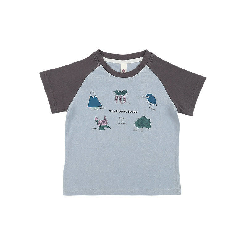 Children's Sleeved Mountain Style Nature Printed Top Summer Raglan Children's T-shirt