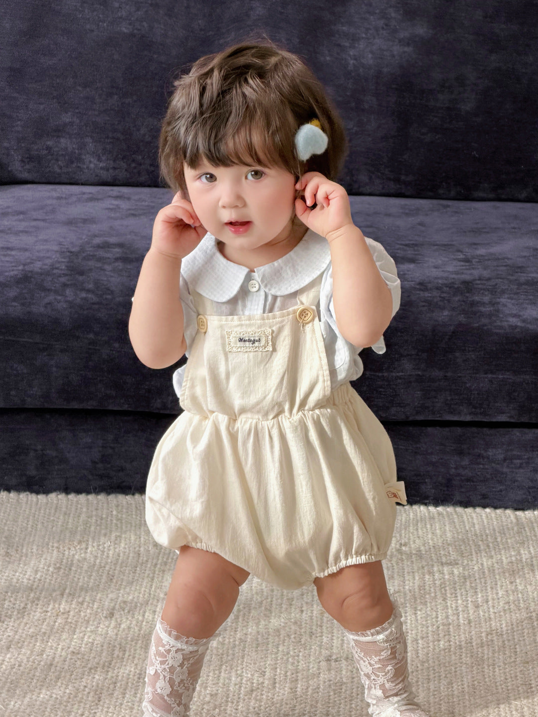 Children's Geometric Clothes Suspender Pants Fresh Peter Pan Collar Short-sleeved Shirt Children's Suit