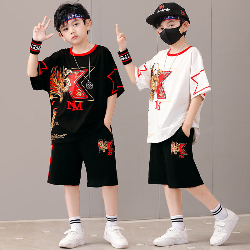 National Fashion Funky Casual Out Sports Korean Style T-shirt Two-piece Children's Suit