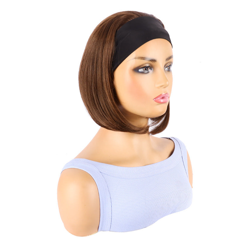 Women's Brown Black Band Head Cover Inner Wig Short Straight Hair
