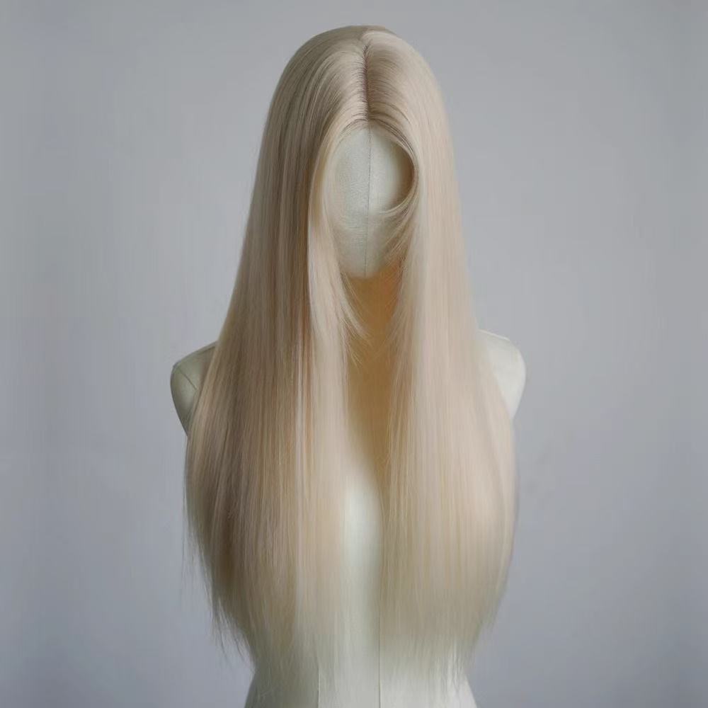 Female White Gold Color Forehead Lace Mid-length Golden Hair Blonde Long Straight Wig