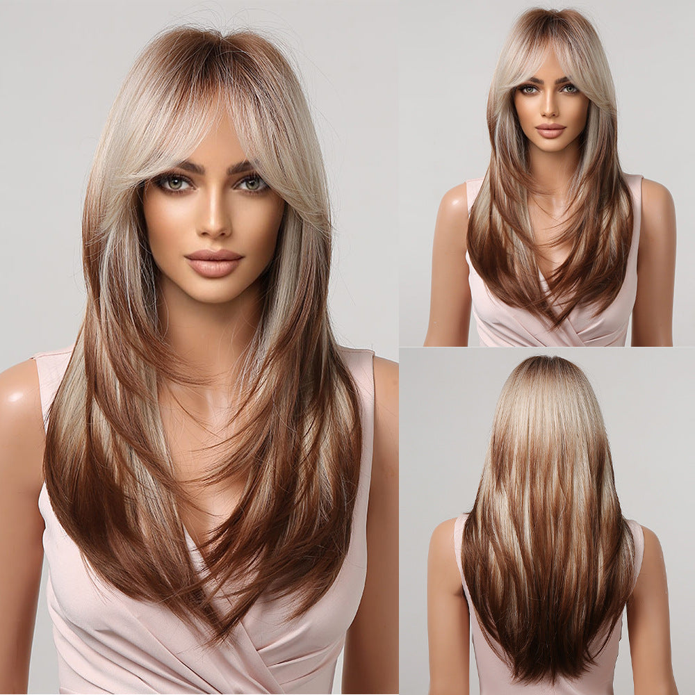 Gradient Chemical Fiber Bangs Mid-length Straight Wig Long Curls