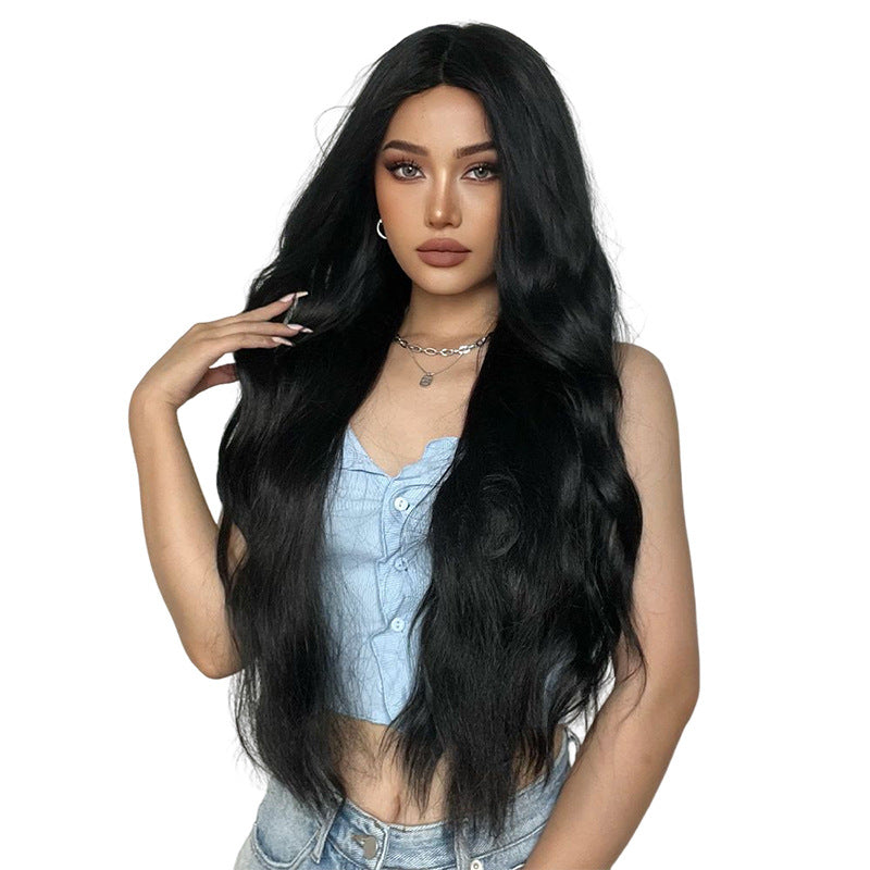 Medium Curly Hair Black Matte Fiber Wig Long Curls