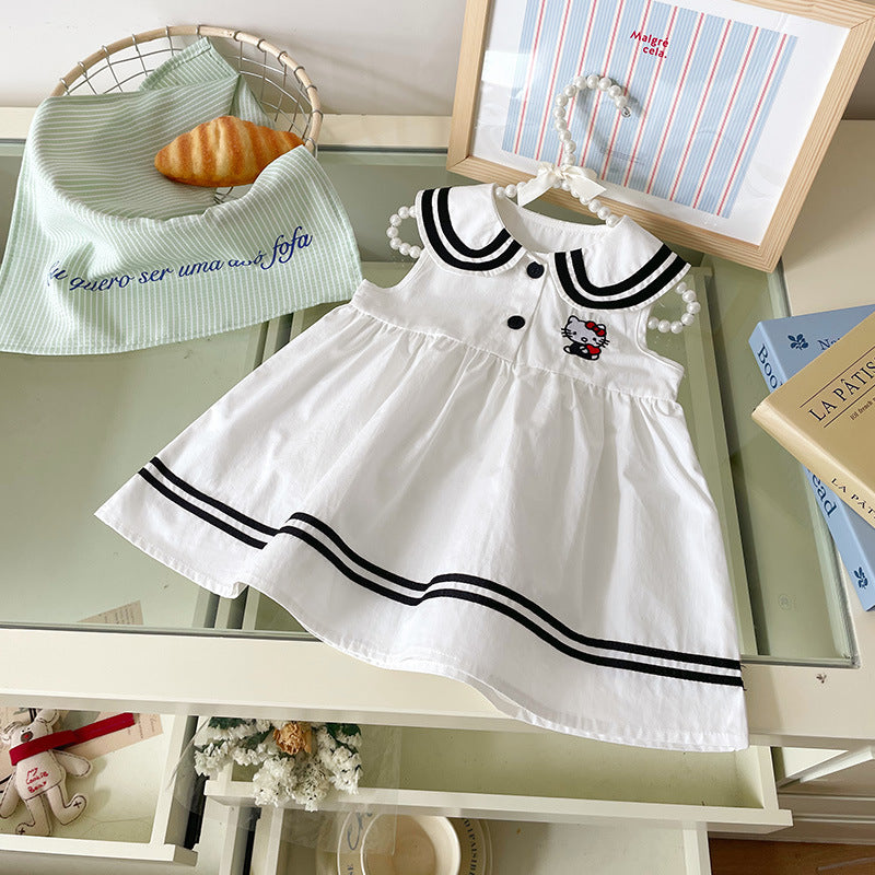 Summer Striped Lapel Cat Embroidered Preppy Children's Dress