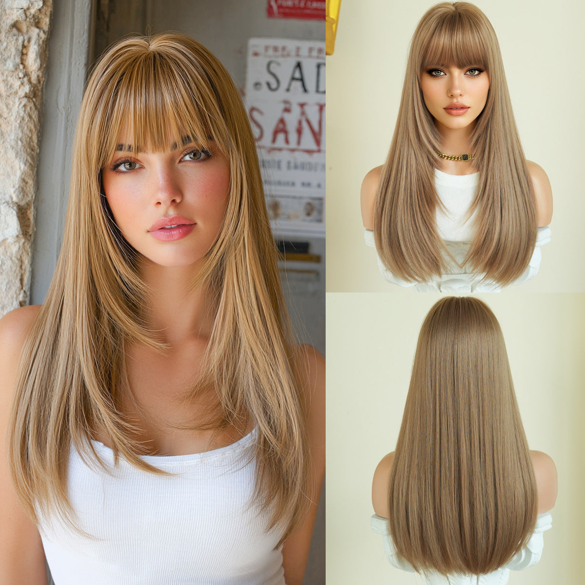 Quality Female Natural Black Layered Bangs Long Straight Wig