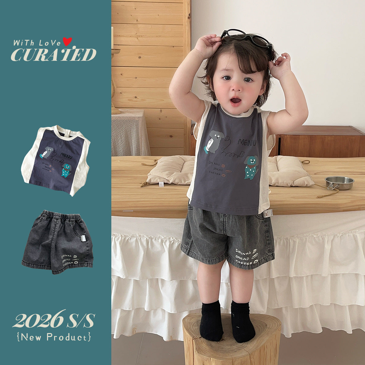 Children's Cartoon Stitching Vest Short Sleeve Ice Silk Denim Shorts Trendy Children's Suit