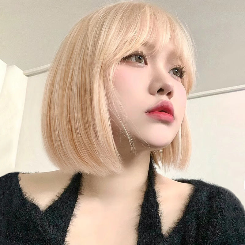 Female Black Brown Air Bangs Simulation Round Wig Short Straight Hair