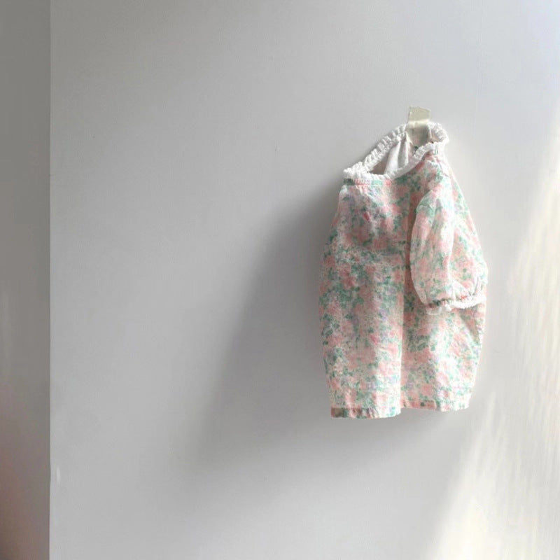 Children's Korean Style Clothing Summer Cotton Denim Suspender Skirt Floral Short Children's Suit