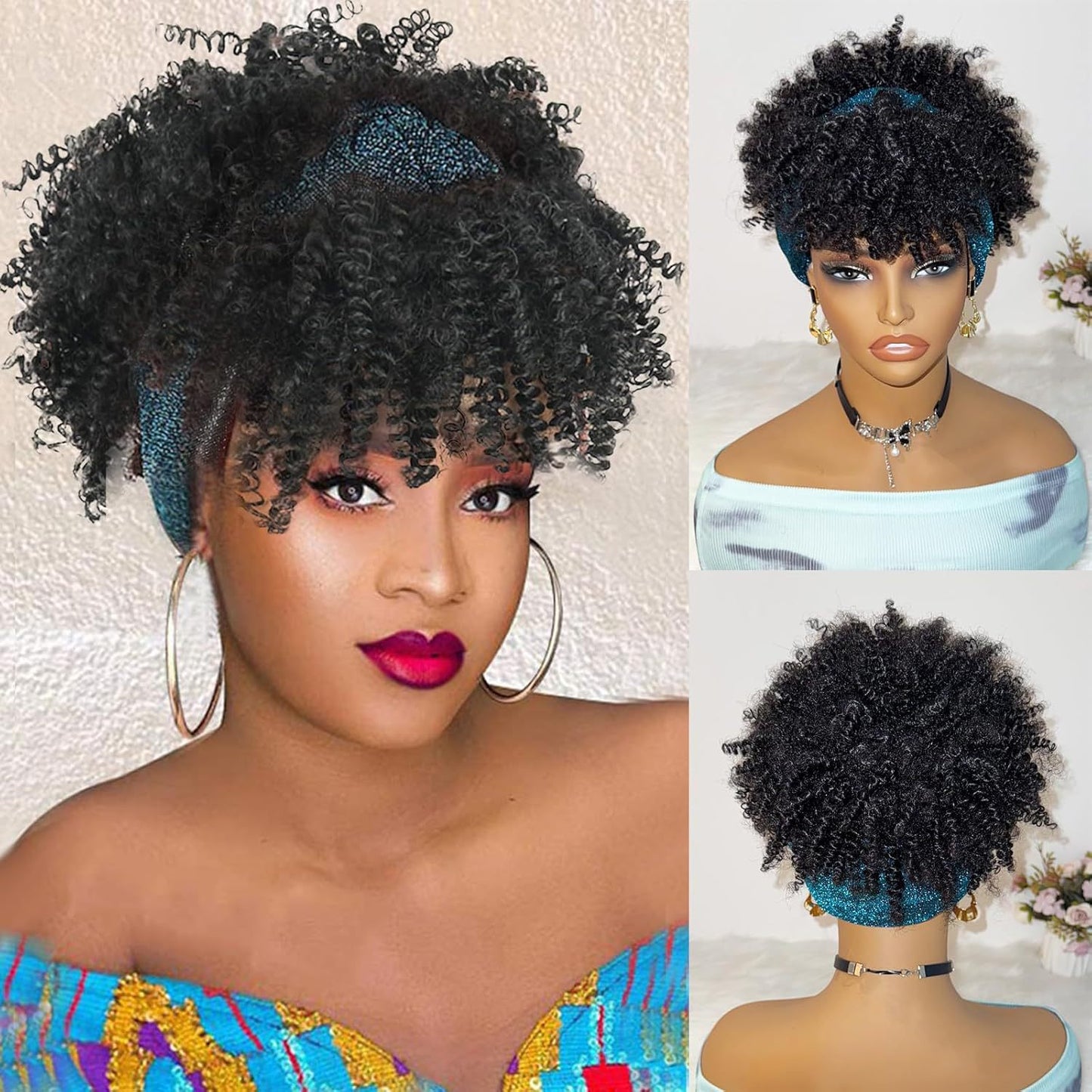 Women's African Small Bangs Integrated Headband Chemical Wig Short Curly Hair