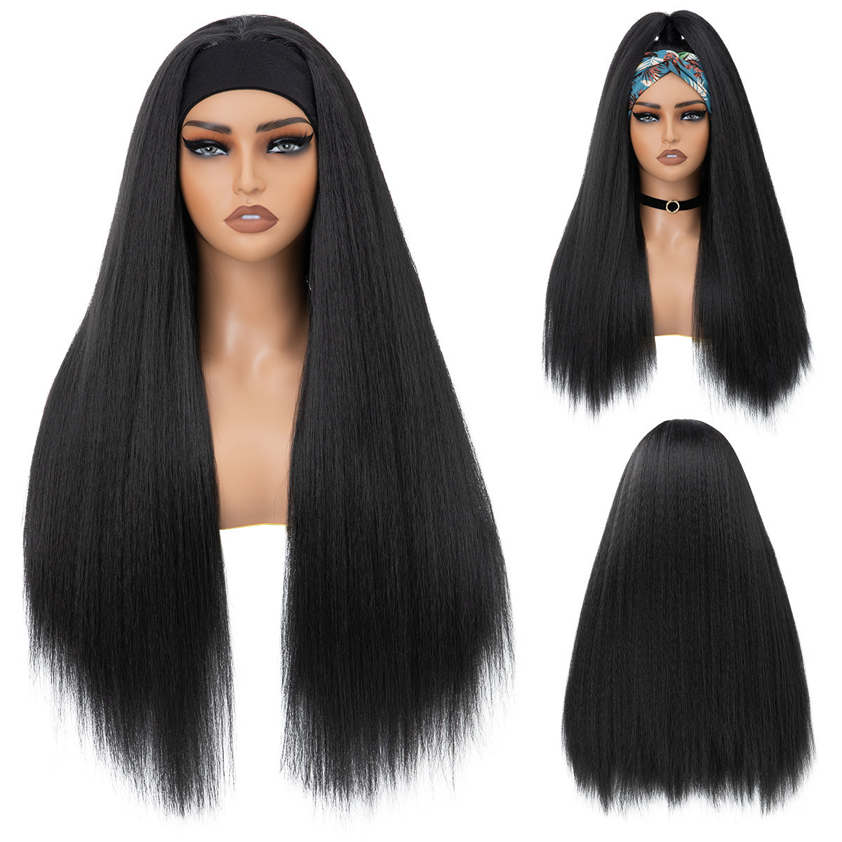 Popular Female Black Simulation Fluffy Headband Long Straight Wig