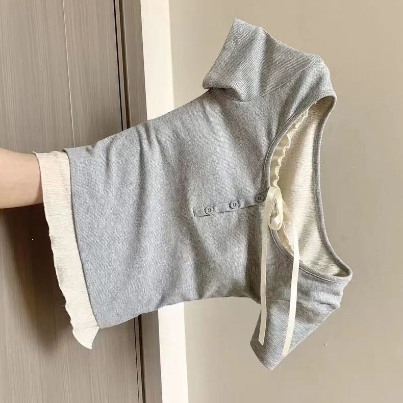 Children's Fake Two-piece Shoulder Short Sleeve Medium Big Sweet Cute Stylish Children's T-shirt
