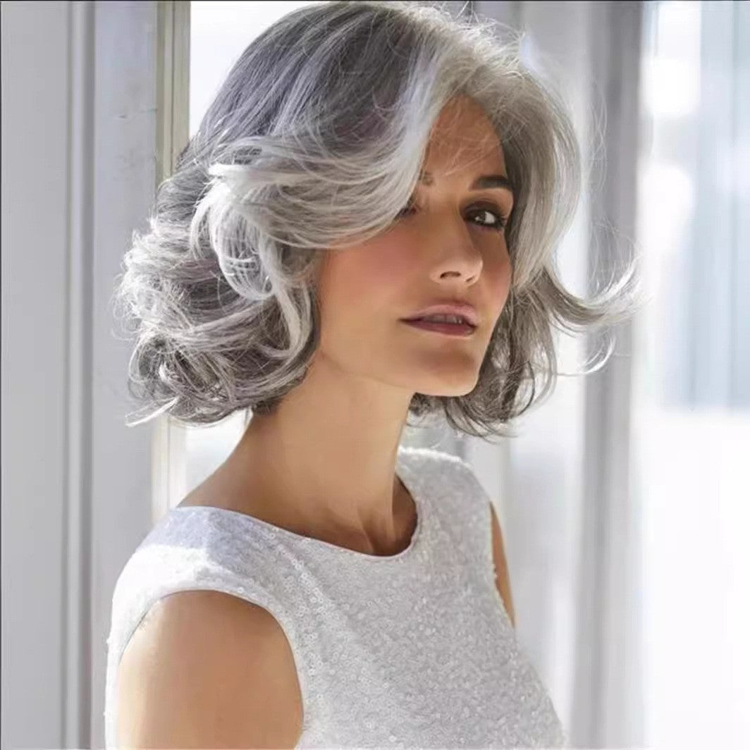 Women's Curly Gray White Short Hair Fluffy Partial Length Bangs Synthetic Wig Long Curls