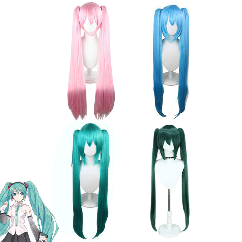Long Hair Anime Blue Fiber Pairs Ponytail Pink Straight Cos Wig