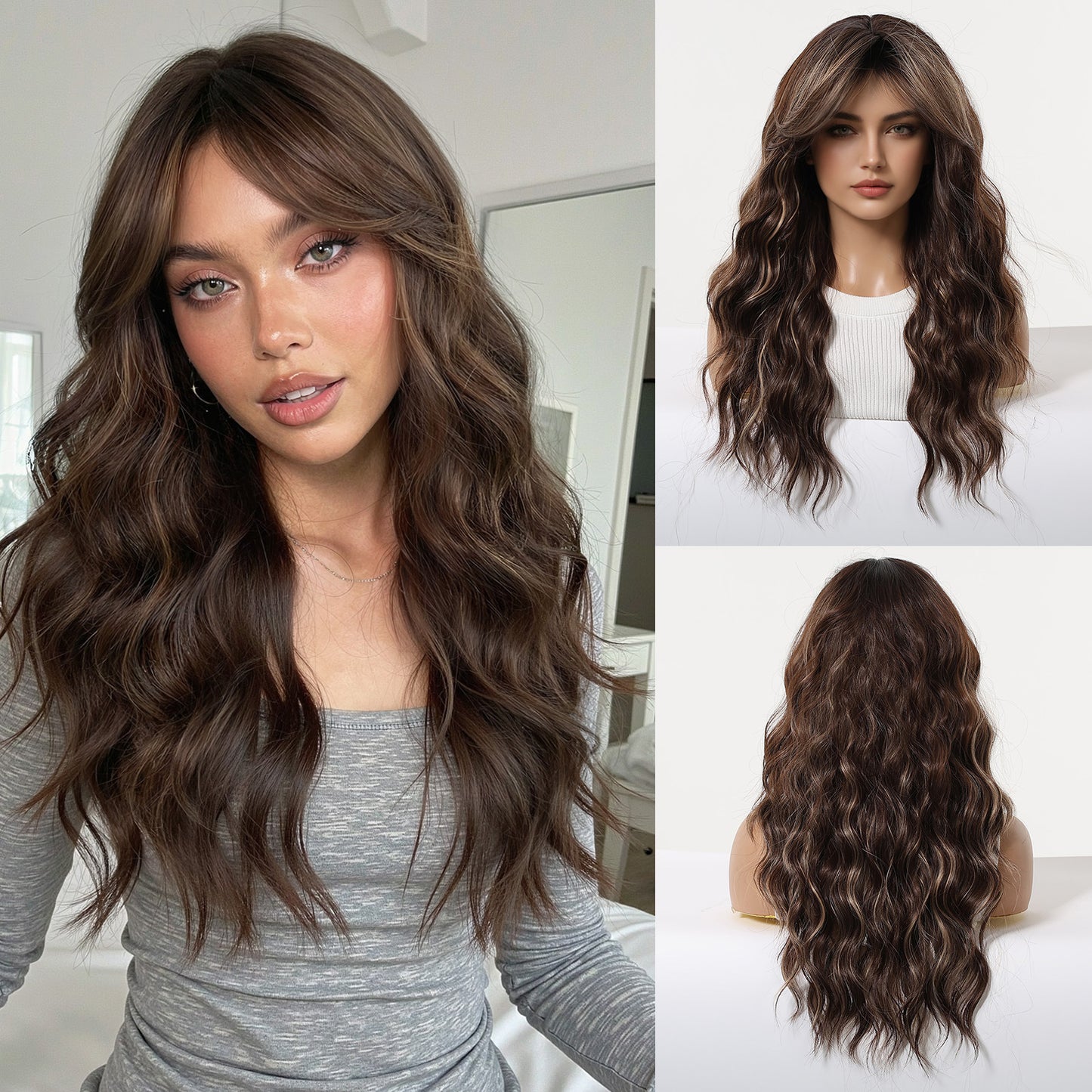 Gradient Platinum Curly Bangs Fluffy Natural Fiber Wig Long Curls