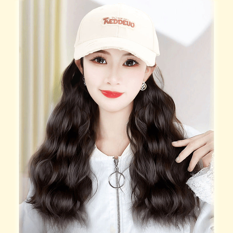 Embroidered Baseball Hat One-piece Detachable Trendy Retro Small Hooded Collarbone Wig Long Curls