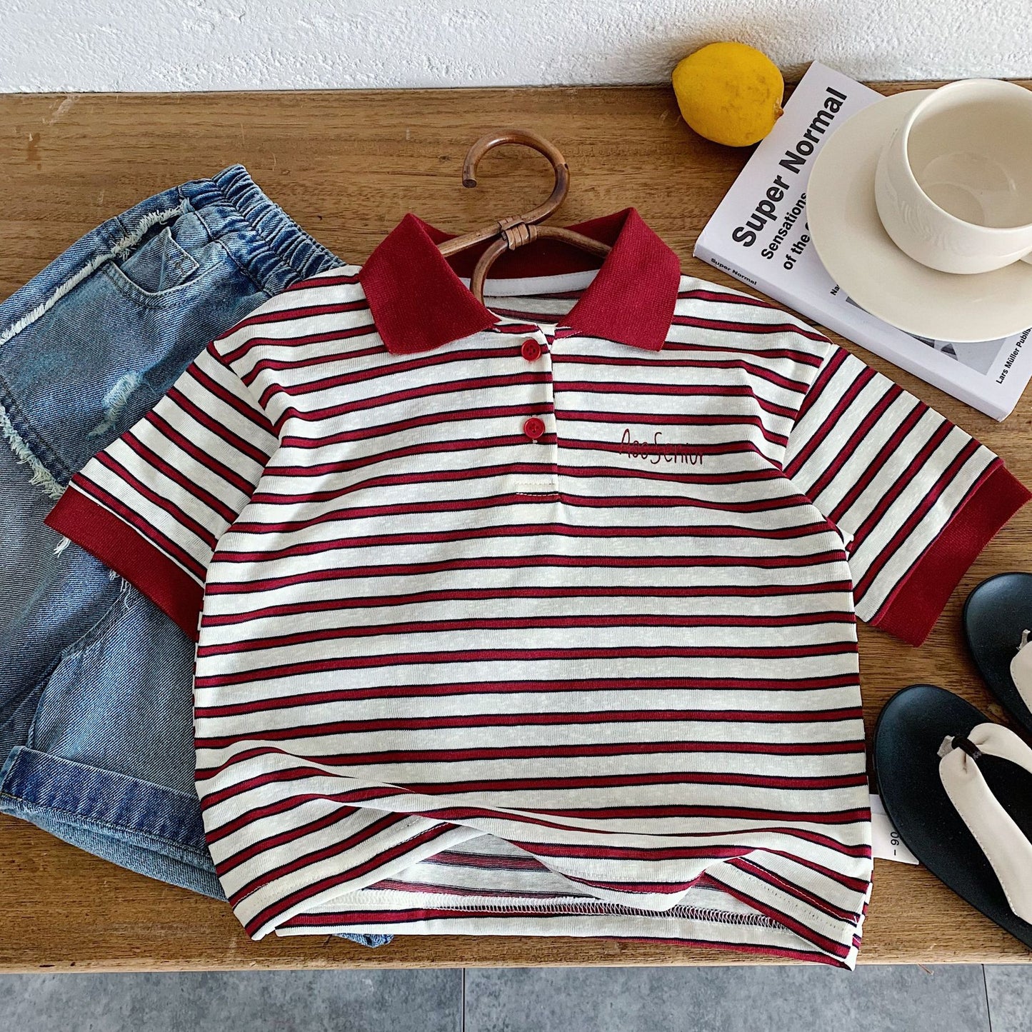 Children's Short-sleeved Summer Boys Contrast Color Striped Shirt Class Children's T-shirt