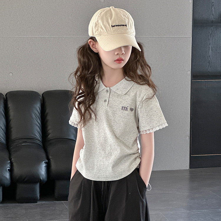 Shirt Short-sleeved Summer The Big Short Lace Blouse Slim Children's T-shirt