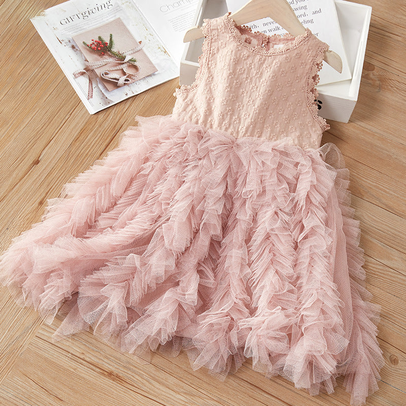 Summer Shirt Irregular Swing Relief Embroidery Mesh Bubble Children's Dress