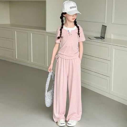 Style Fashion Middle Big Fake Two Pieces Short Sleeve T-shirt Children's Suit