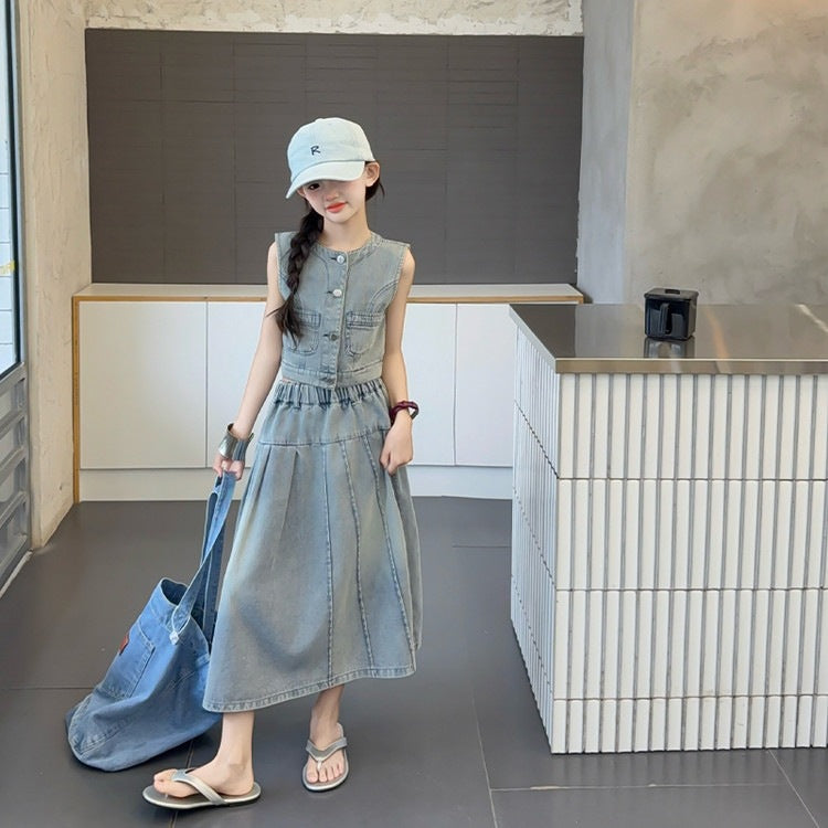 Children's Fashionable Vest Summer Medium Large Sleeveless Skirt Denim Children's Suit