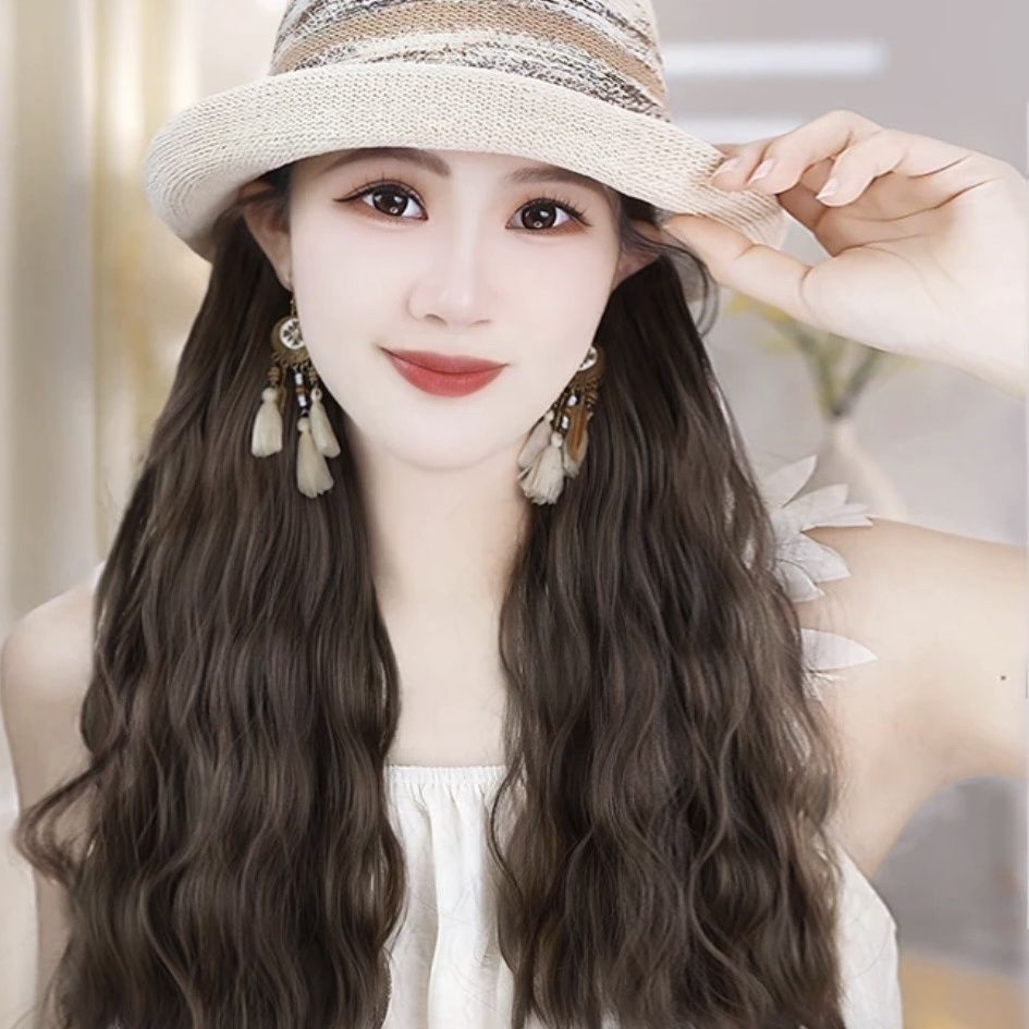Temperament Female French Style Brim Hat One Curly Hair Wig Long Curls
