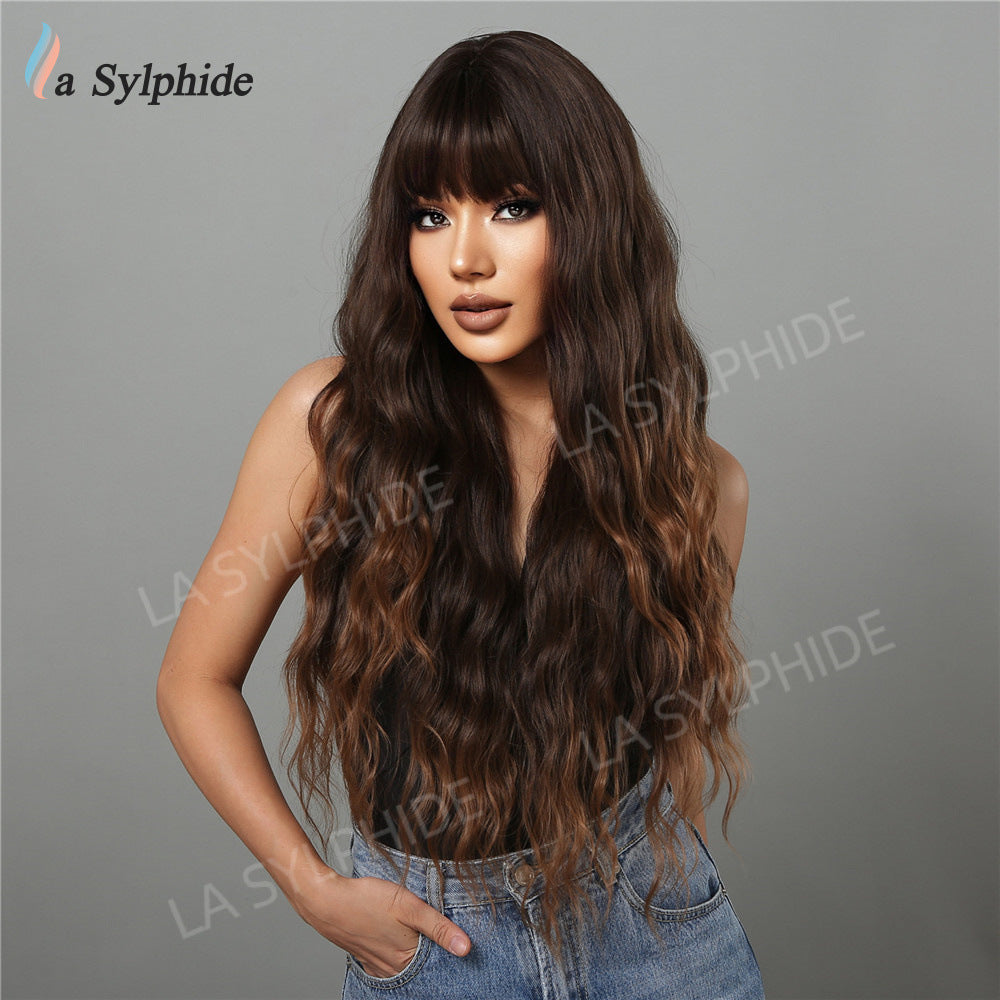 Female Dark Brown Dyed Light Bangs Curly Hair Mechanism Head Wig Long Curls
