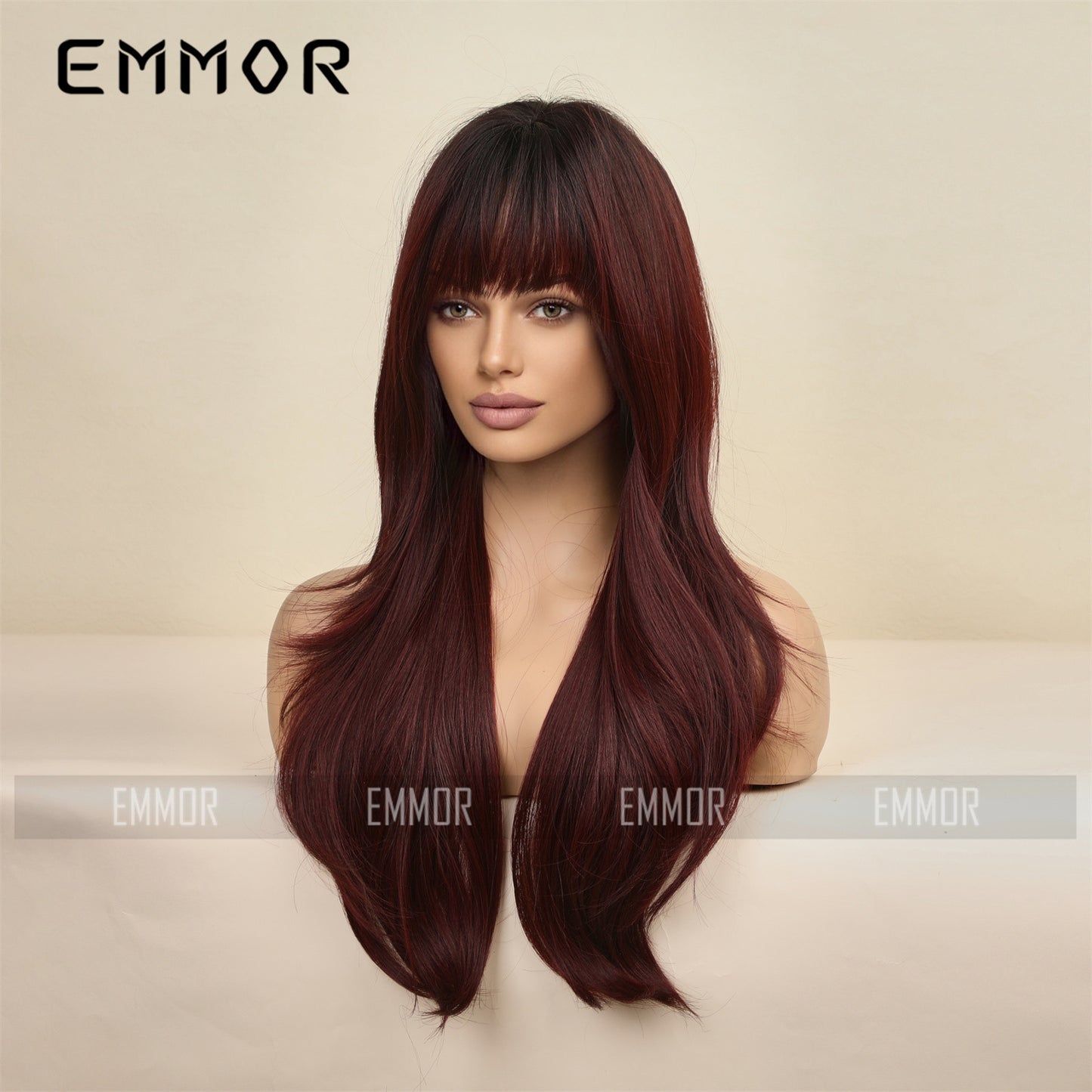 Straight Bangs Hair Gradient Burgundy Head Wig Long Curls