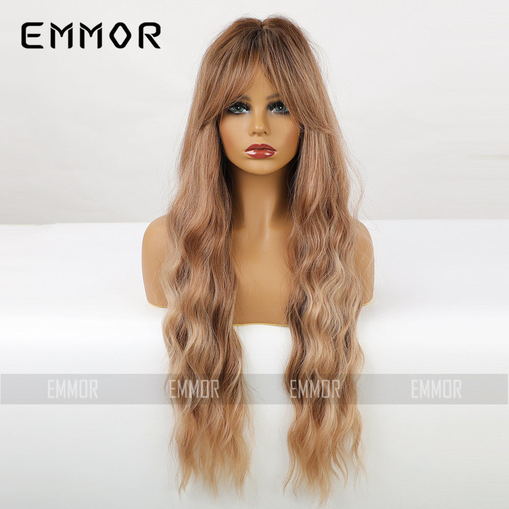 Women's Elegant Bangs Brown Curly Hair Fiber Synthetic Wig Long Curls