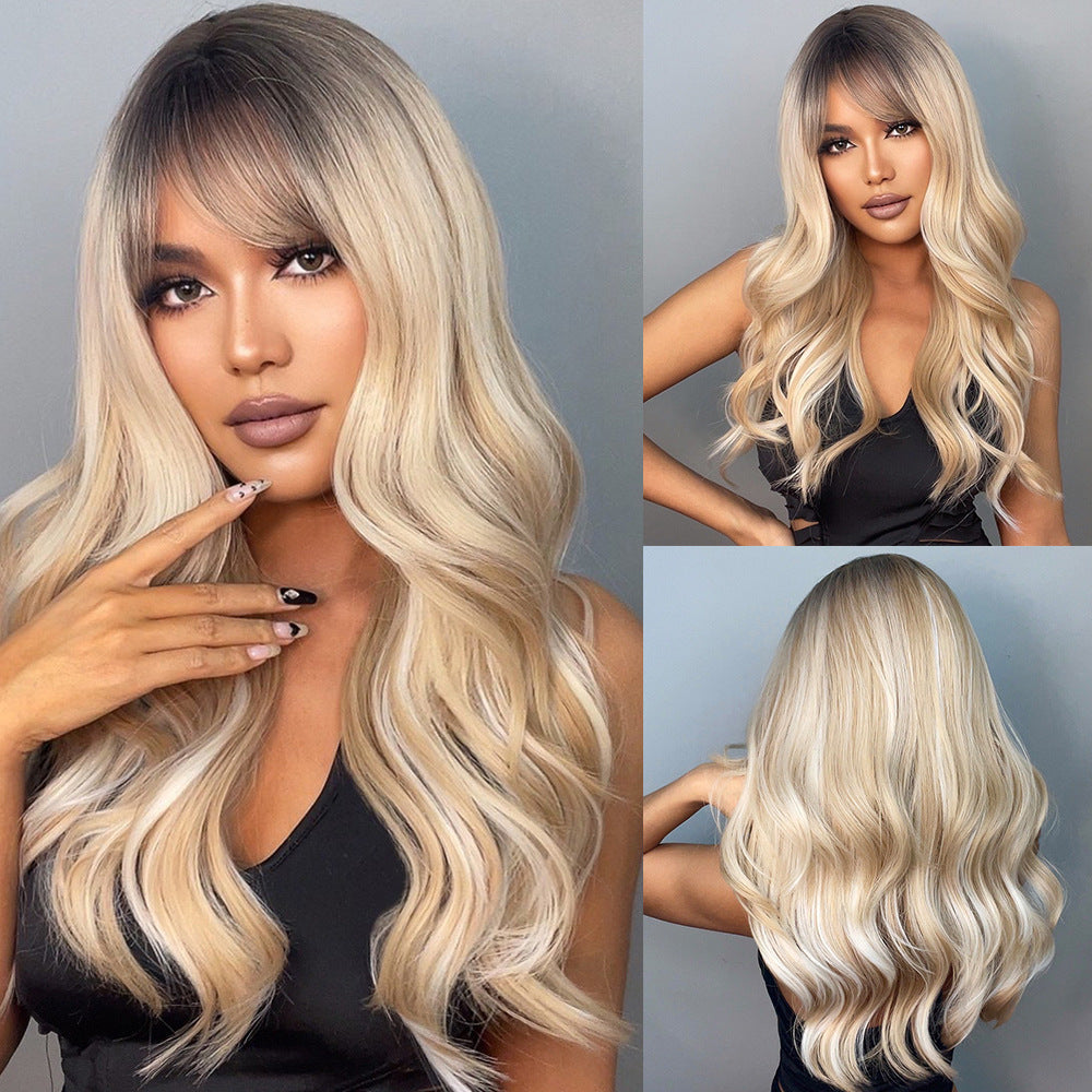 Straight Bangs Curly Hair Gradient White Gold Color Mechanism Wig Long Curls