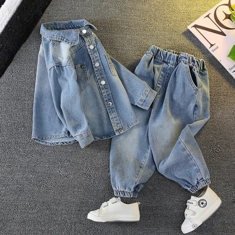 Men's & Children's Denim Spring Autumn Clothing Coat Small Two-piece Children's Suit