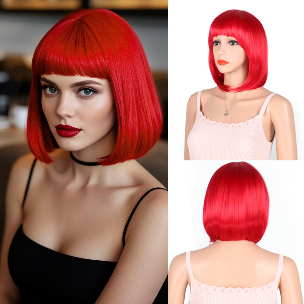 Women's Fashion Long Black Head Cover With Wig Short Straight Hair