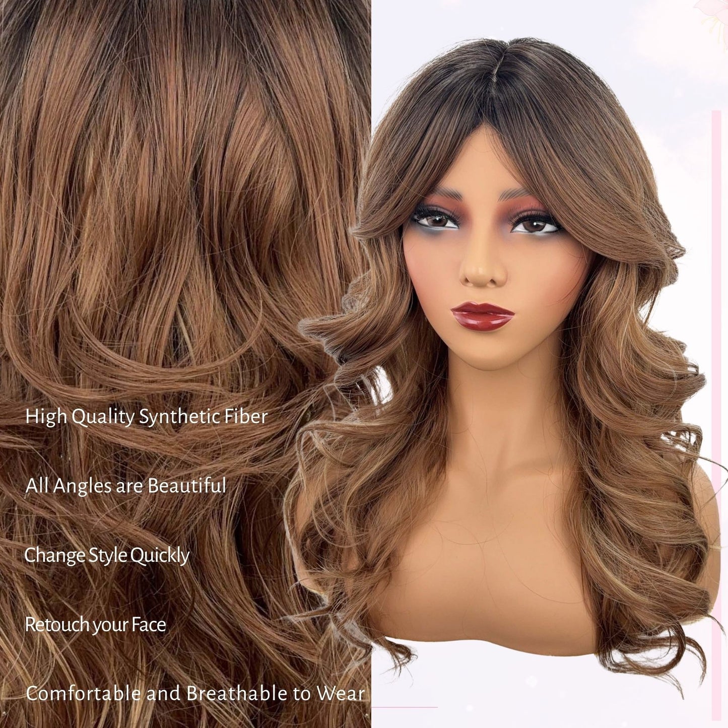 Gradient Brown Fashion Bangs Mid-length Natural Curly Wig Long Curls