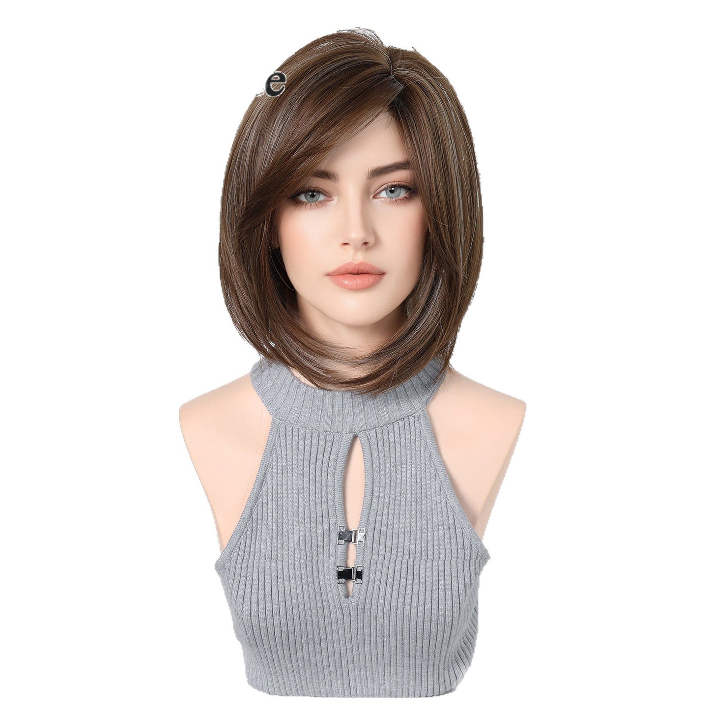 Dyed Brown Collarbone Straight Partial Bangs Breathable Rose Mesh Head Wig Short Curly Hair
