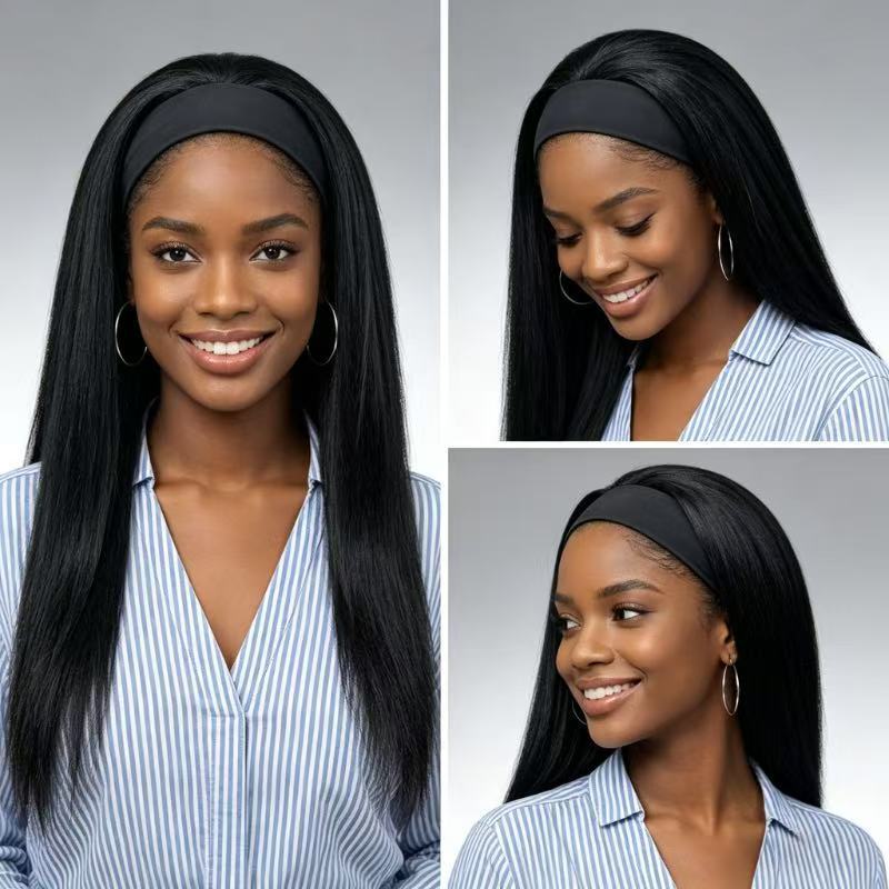 Black Ice Silk Hair Band Female Long Straight Wig