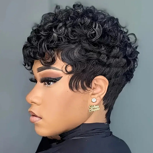 Black Small Roll Wound Tube Chemical Fiber Head Wig Short Curly Hair
