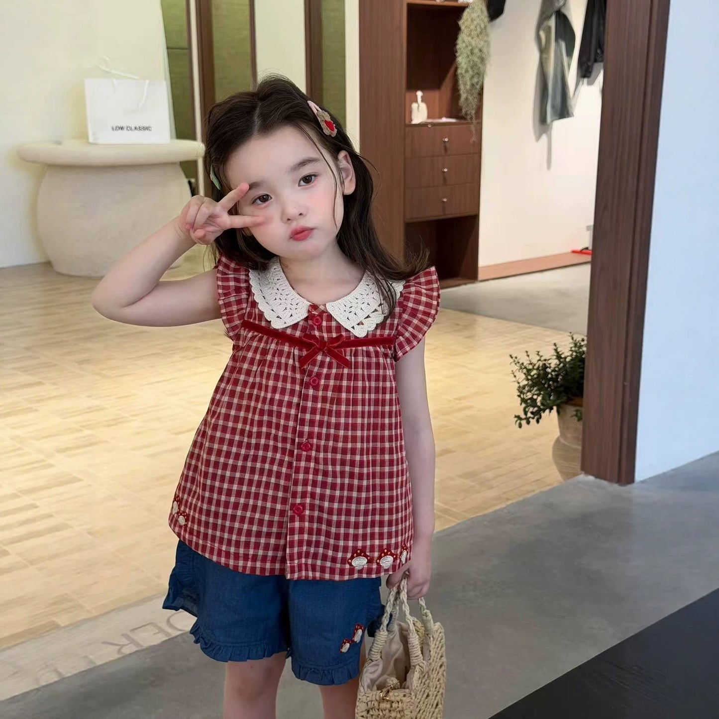 Shorts Suit Style Plaid Flying Sleeve Children's Shirt