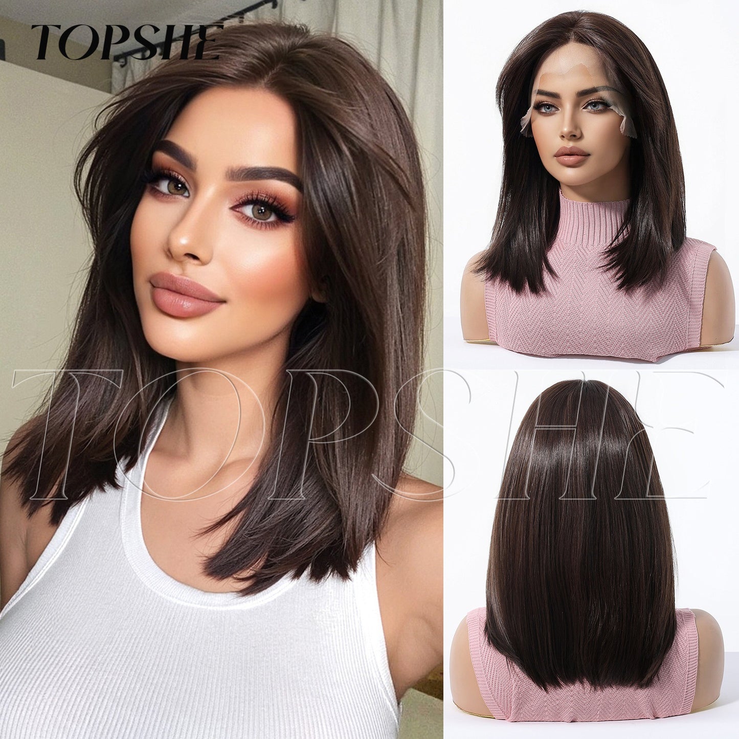 Area Lace Dark Brown Natural Realistic Matte Wig Short Straight Hair