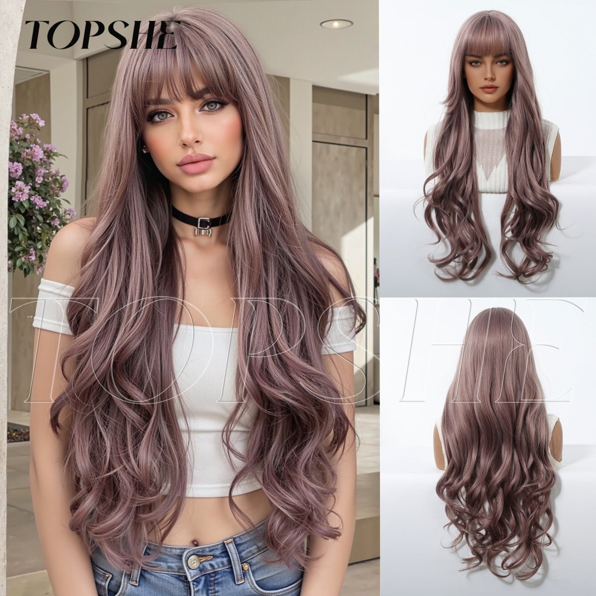 Dyed Brown Straight Bangs Big Wave Curly Wig Long Curls