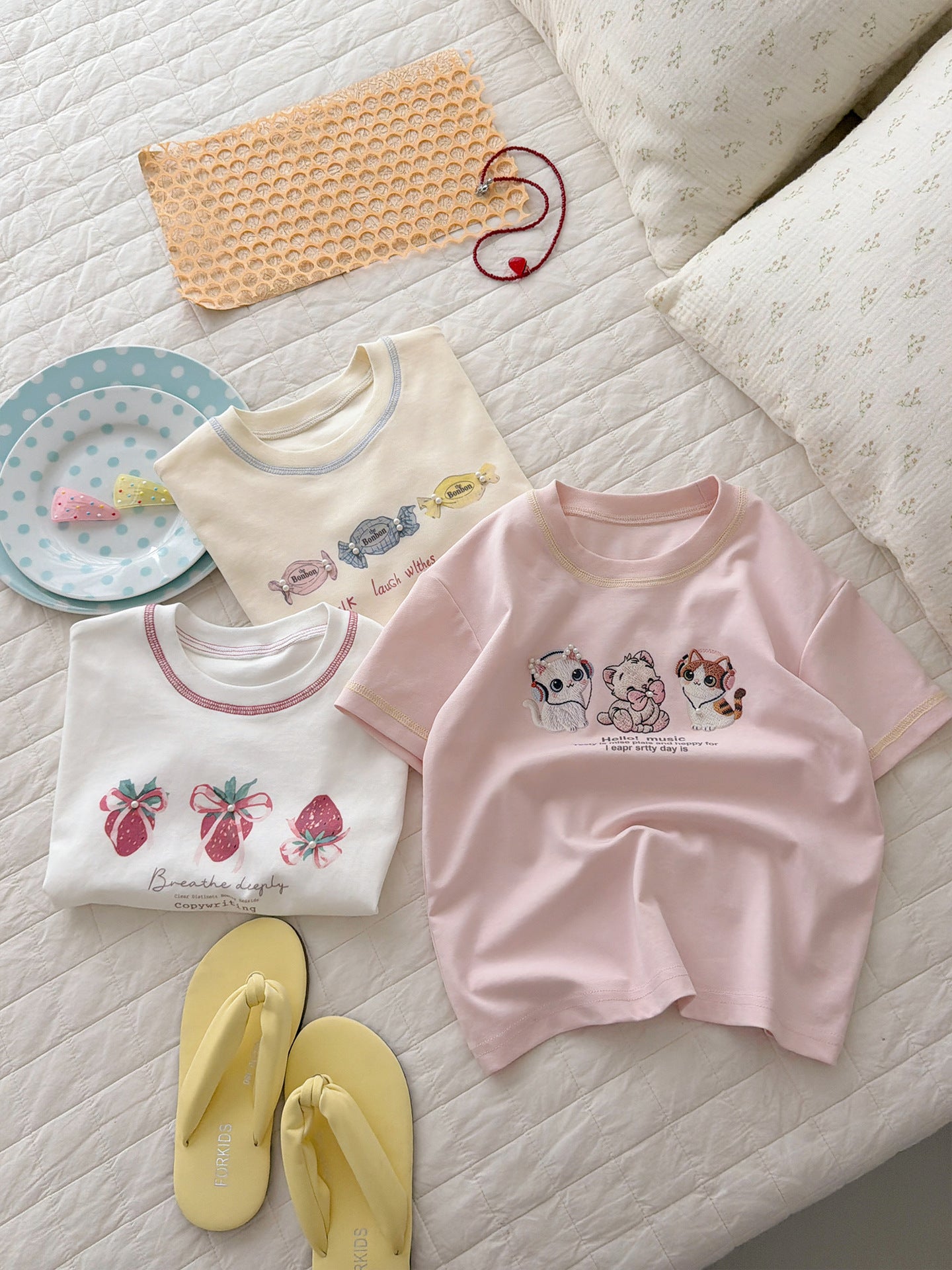 Pure Cotton Colorful Dot Short-sleeved Casual Summer Sweet Cute Cartoon Children's T-shirt