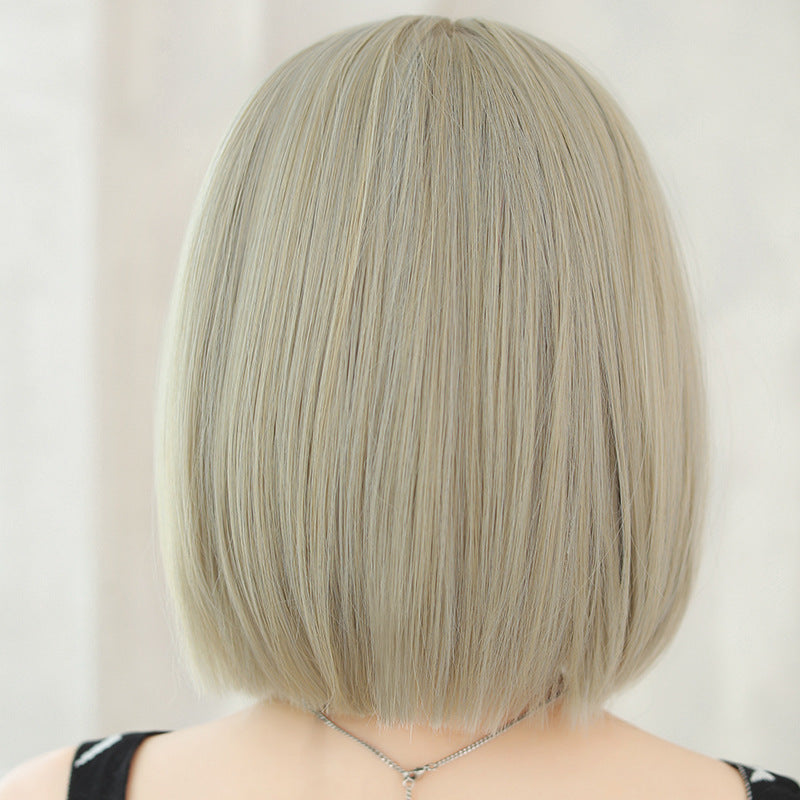 Women's Beige Brown Inner Buckle Full Top Round Wig Short Straight Hair