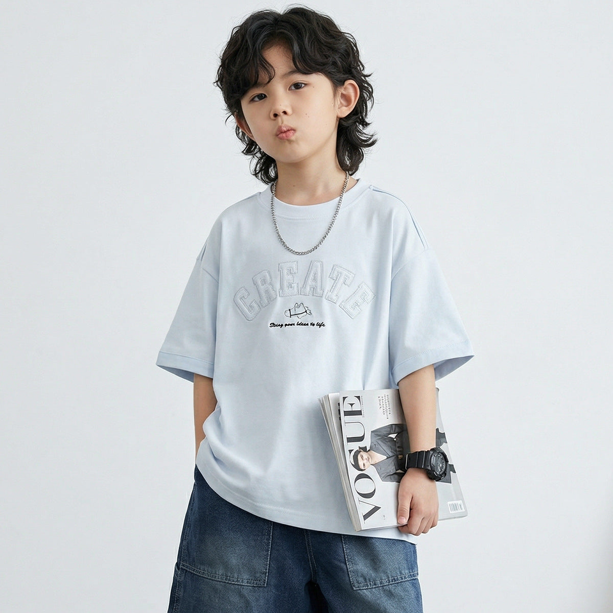 Children's Short-sleeved Summer Cotton Round Neck Top With Letters Embroidered Loose Children's T-shirt