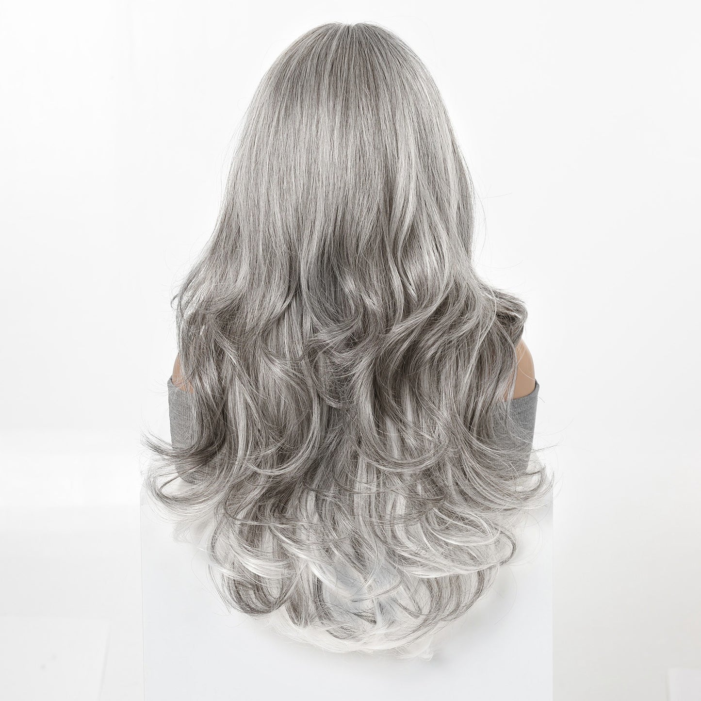 Cover Grandma Gray White Wavy Curly Hair Dress Wig Long Curls