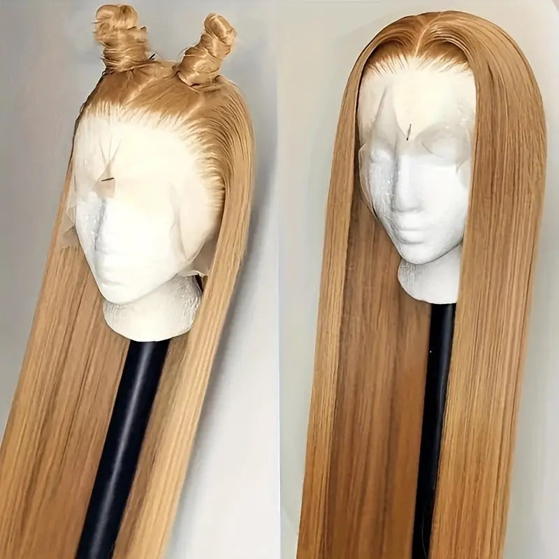 Fashionable Golden Medium Length Front Lace Long Straight Wig
