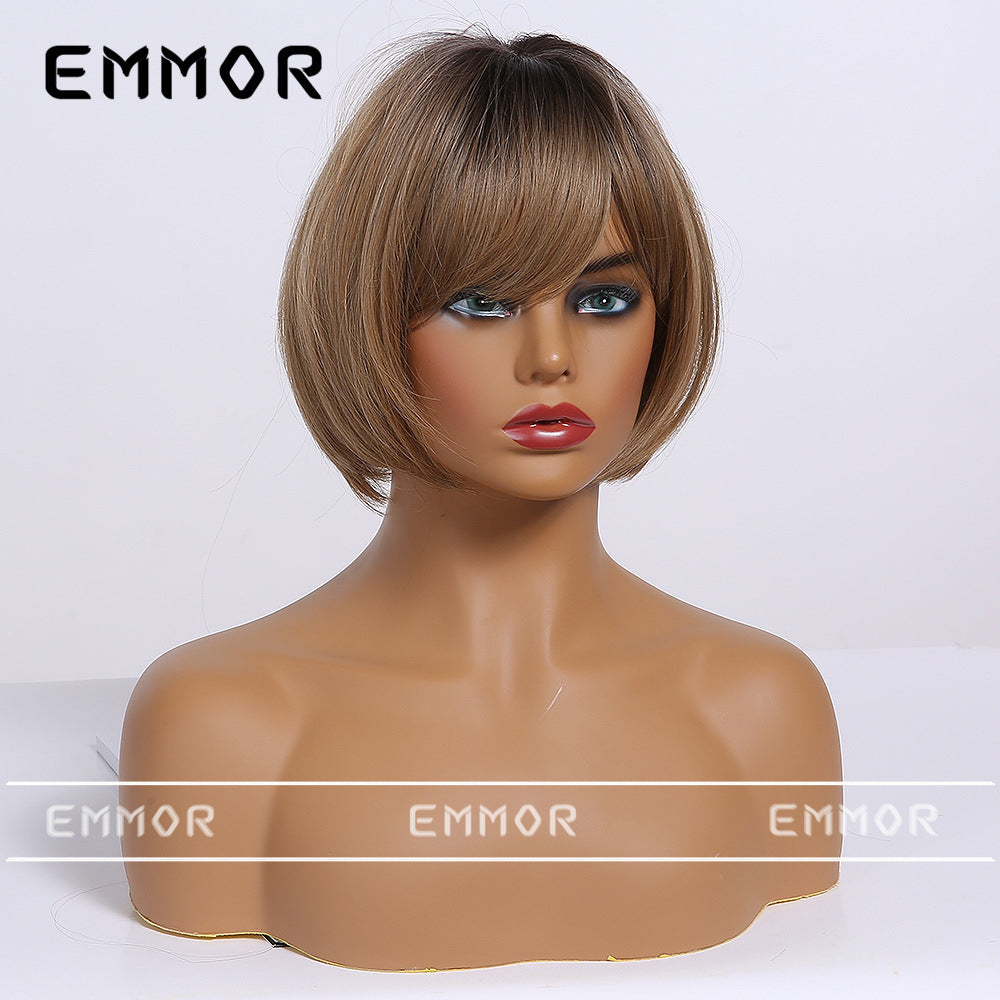 Women's Fashion Head Dyed Black Platinum Ribbon Wig Short Straight Hair