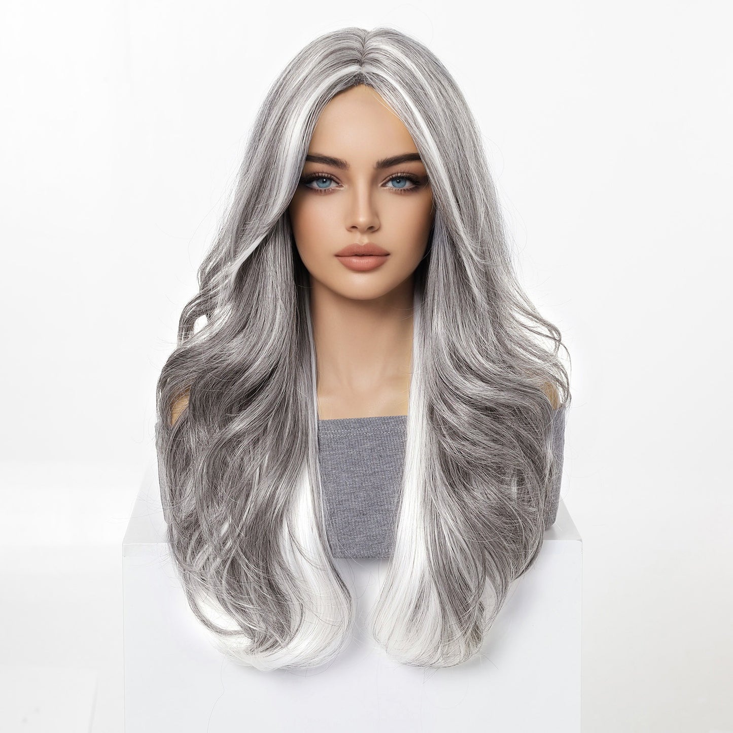 Cover Grandma Gray White Wavy Curly Hair Dress Wig Long Curls