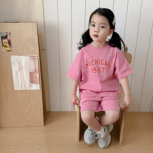 Korean Cute Printed Knitted Short-sleeved Shorts Suit Cotton Casual Children's T-shirt