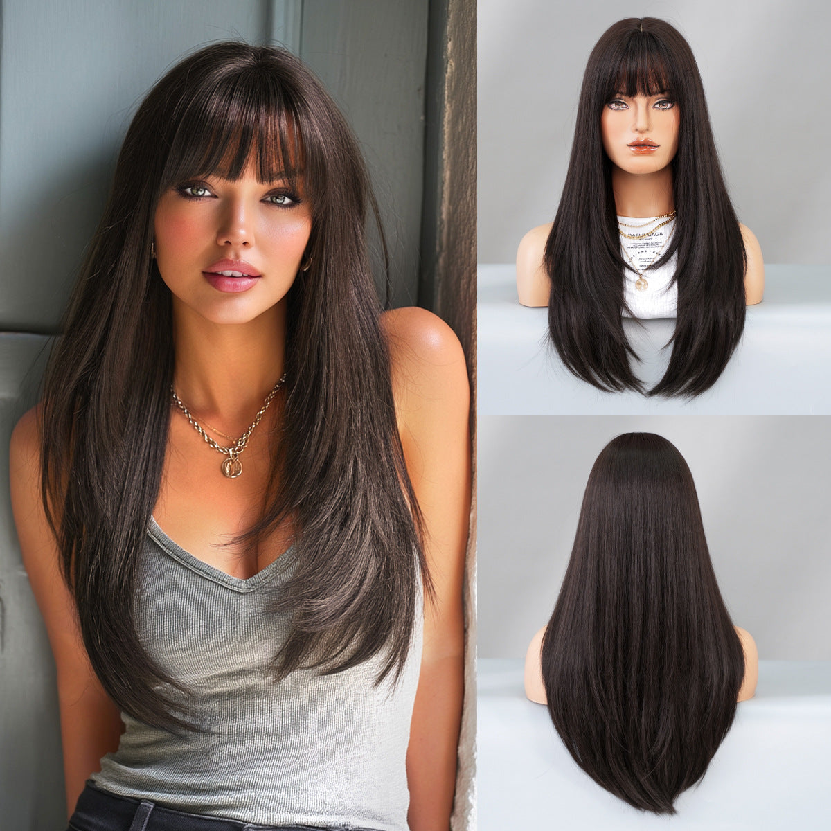 High Level Female Air Bangs Hair Brown Daily Fluffy Quality Long Straight Wig