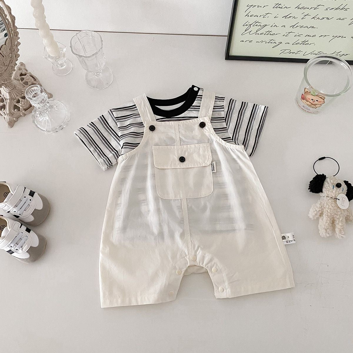 Boy Handsome Stripes Short Sleeve Suspender Pants Thin Korean Style Jumpsuit, Climbing Suit